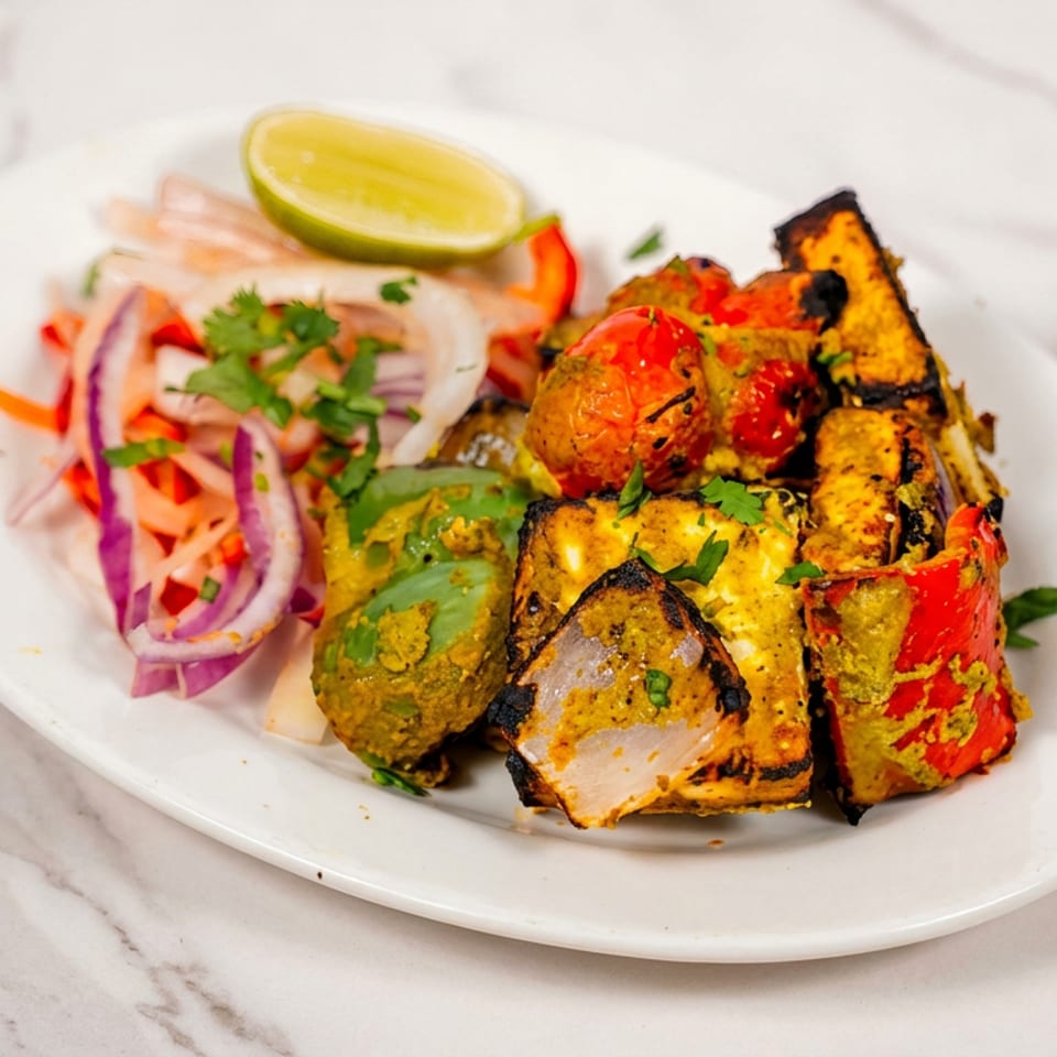 Grilled spiced vegetables and paneer with roasted potatoes, onions, cilantro, and lime on a white plate.