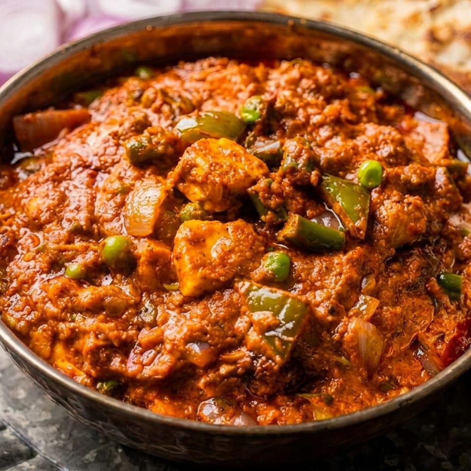Bowl of rich Indian curry with paneer, bell peppers, and onions, served alongside naan and sliced red onion.
