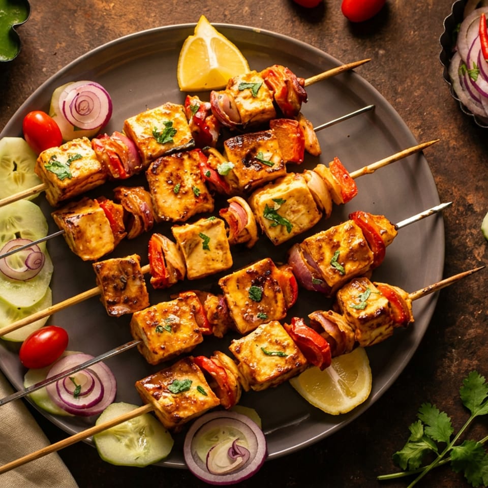 Grilled paneer skewers with peppers and onions on a platter, garnished with lemon, cucumber, cilantro, and sliced onions.