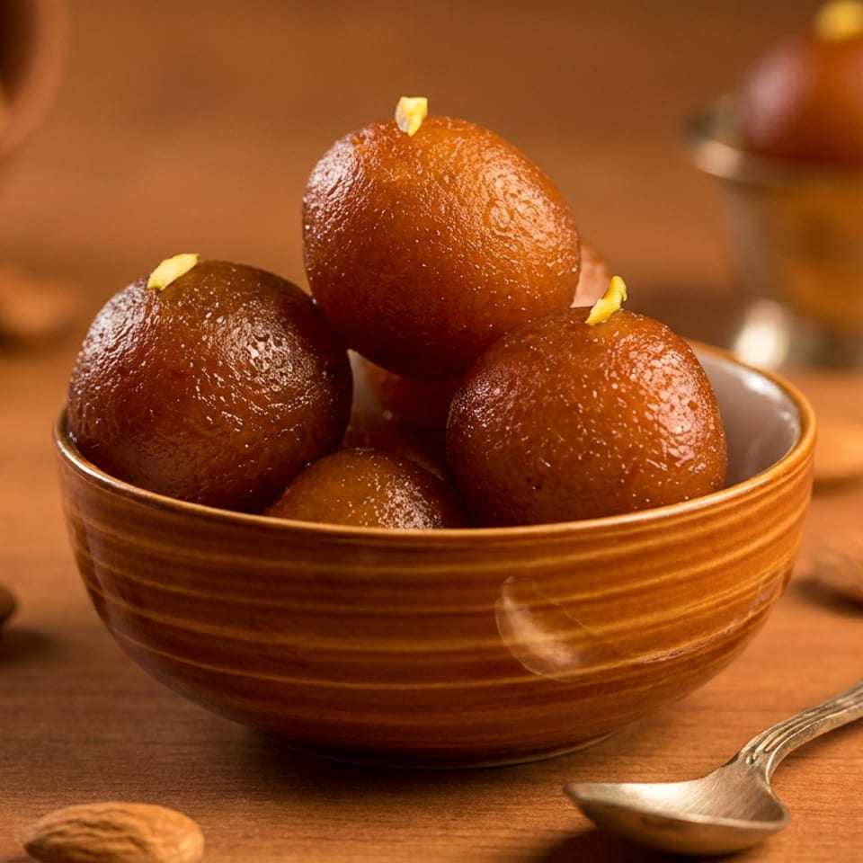 Glossy brown gulab jamun sweets garnished with saffron sit in a ceramic bowl on a wooden table with almonds and a spoon.