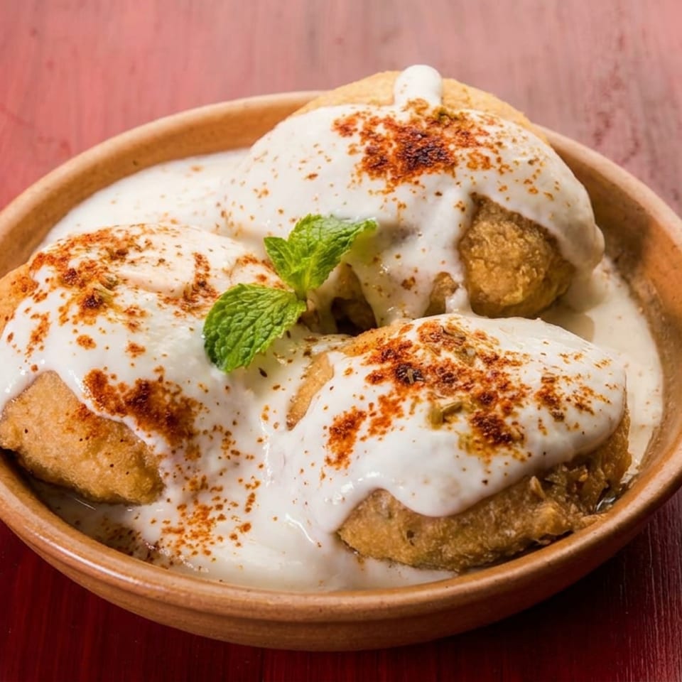 Bowl of golden dumplings topped with creamy yogurt, spices, and fresh mint on a red wooden table.