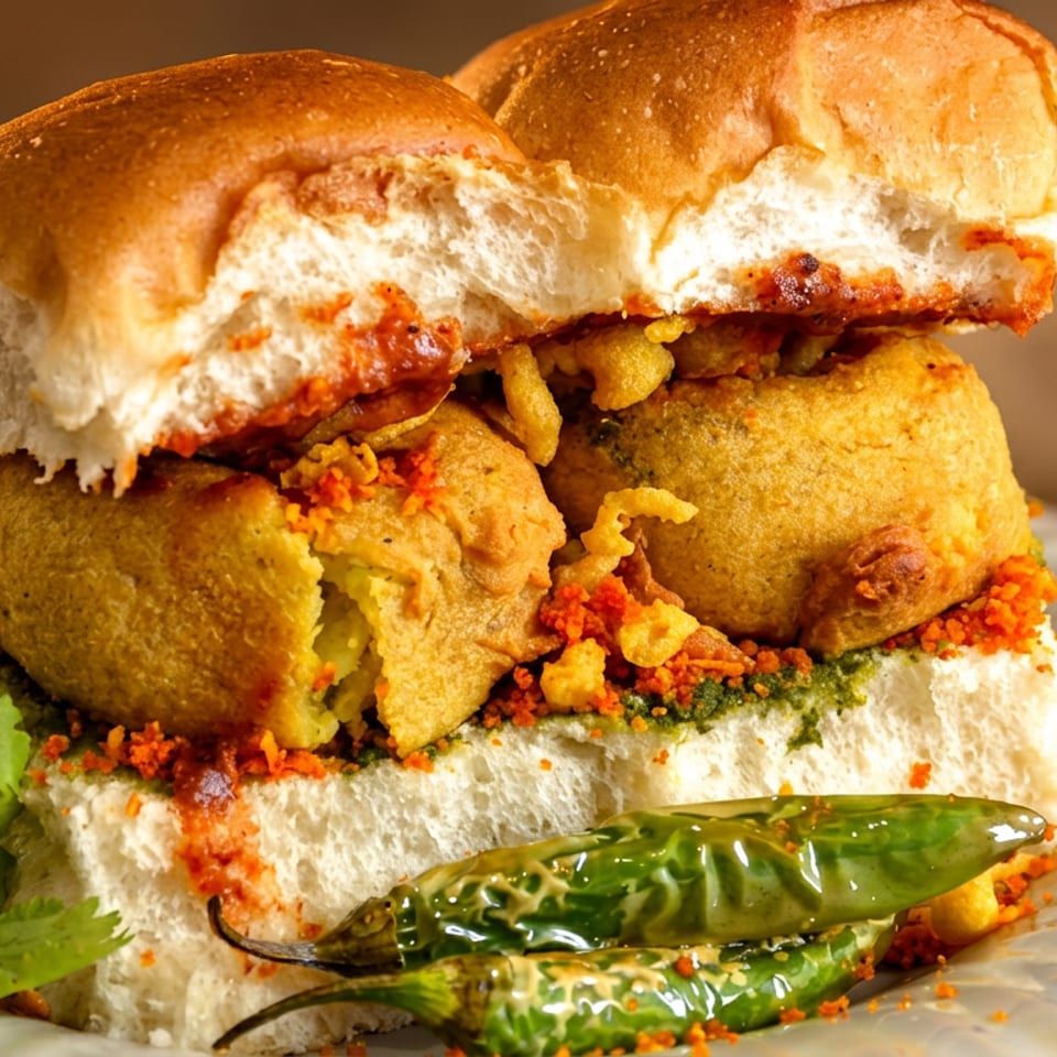 Close-up of a spicy Indian vada pav sandwich with fried potato fritters, chutney, crispy crumbs, cilantro, and green chilies.