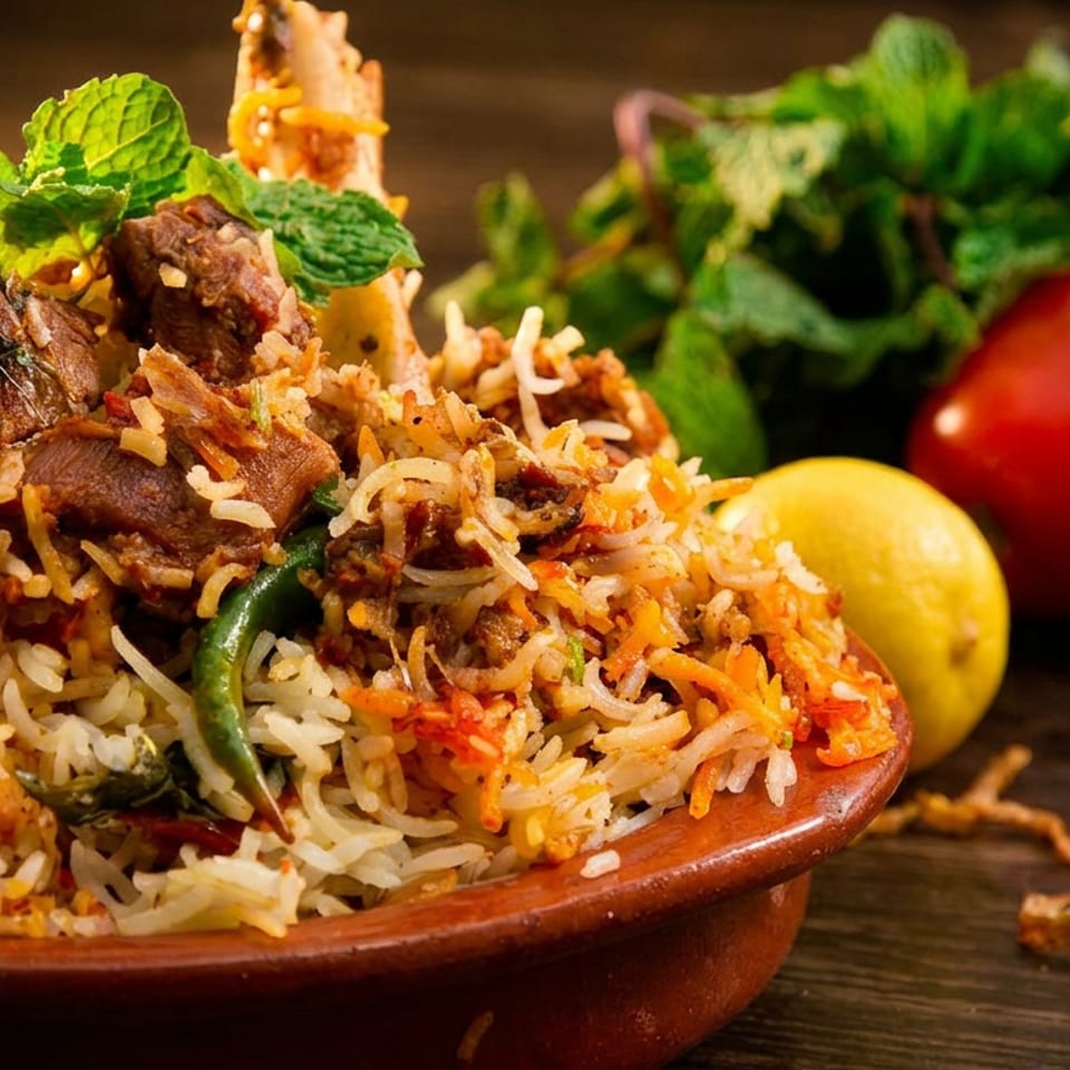 A clay bowl of spiced lamb biryani garnished with mint, alongside tomatoes, lemon, ginger, and herbs.