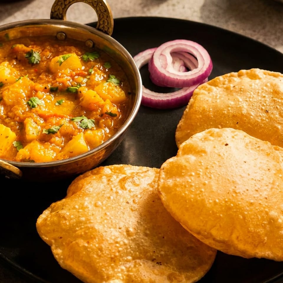 Black plate with three puffed golden puris, potato curry in a metal bowl, and sliced red onions.